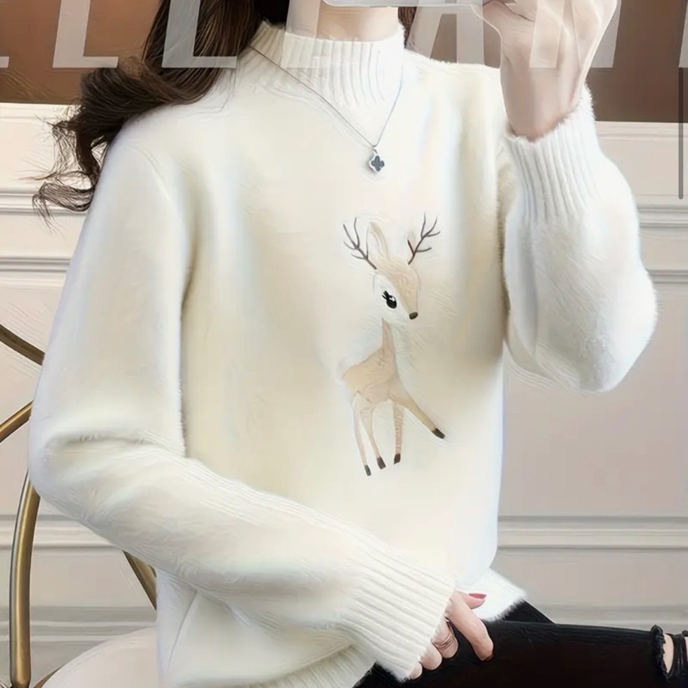 Women's White Super Soft Sweater with Embroidered Deer Design